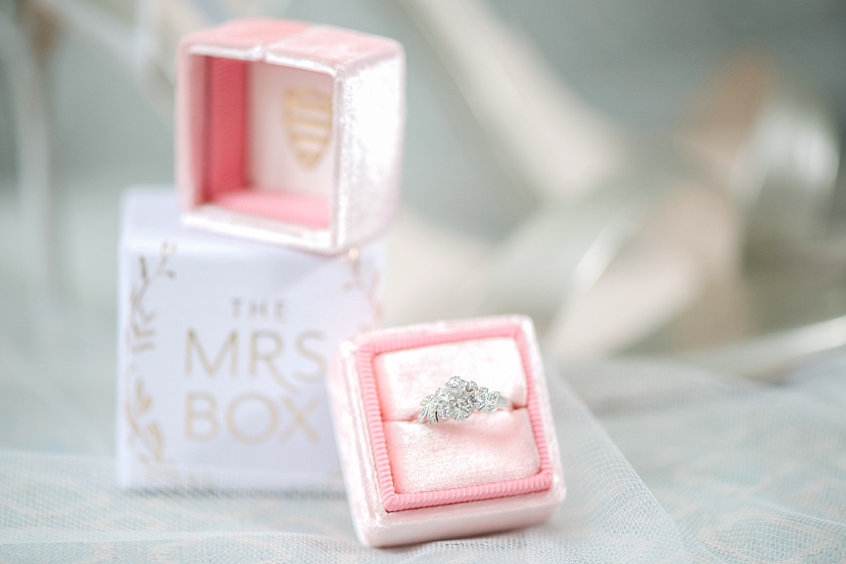 pink mrs. box with engagement right and wedding heels